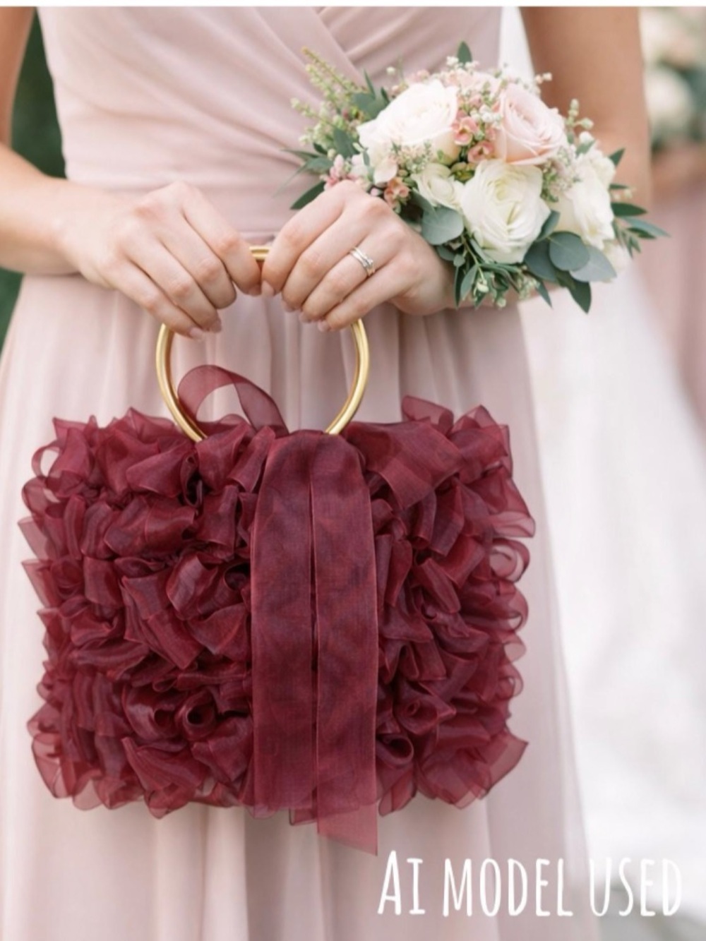 Elegant Burgundy Ruffle Ring-Handle Women's Bag